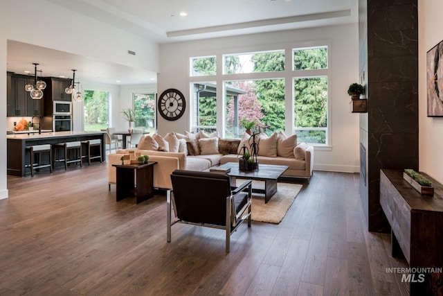 7755 W Flathead Lake St, Eagle, ID 83616 - living area featuring dark wood finished floors, a fireplace, baseboards, a tray ceiling, and recessed lighting