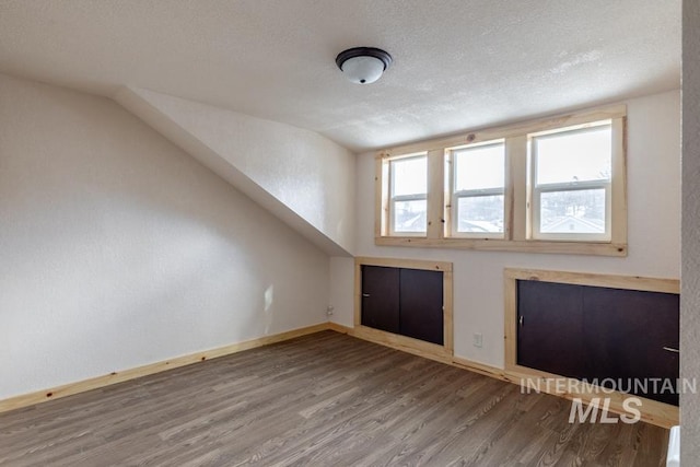 additional living space with a textured ceiling, baseboards, and wood finished floors