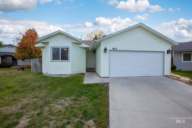 single story home with a garage and a front lawn