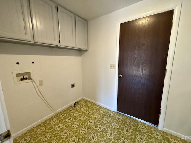 washroom featuring hookup for a washing machine, cabinets, and electric dryer hookup