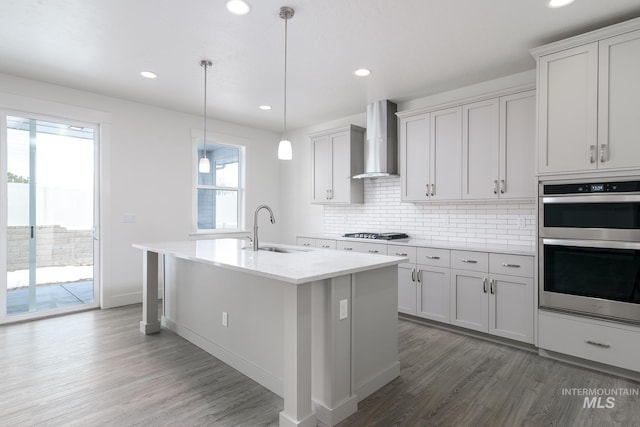 1189 W Grassland St, Middleton, ID 83644 - kitchen with wall chimney exhaust hood, a sink, appliances with stainless steel finishes, wood finished floors, and plenty of natural light