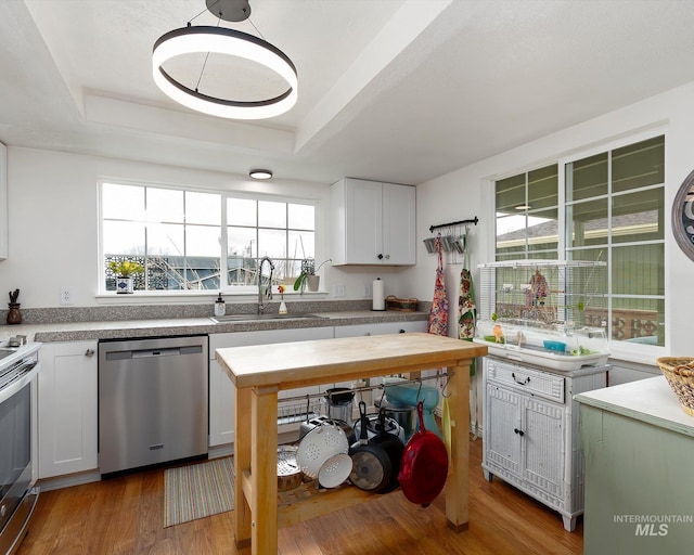 kitchen featuring appliances with stainless steel finishes, wood finished floors, a raised ceiling, and a sink