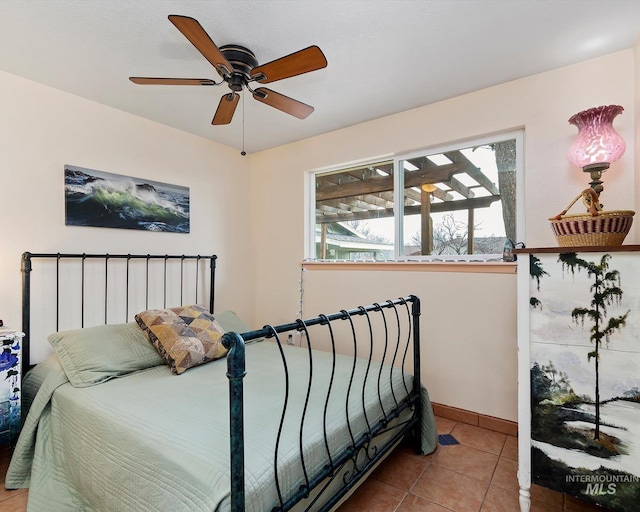 bedroom featuring tile patterned flooring and a ceiling fan