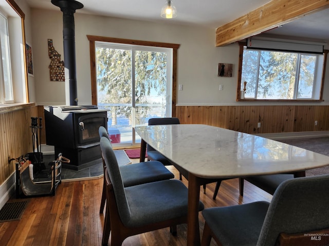 dining area with a wainscoted wall, dark wood-type flooring, a wood stove, wood walls, and beam ceiling