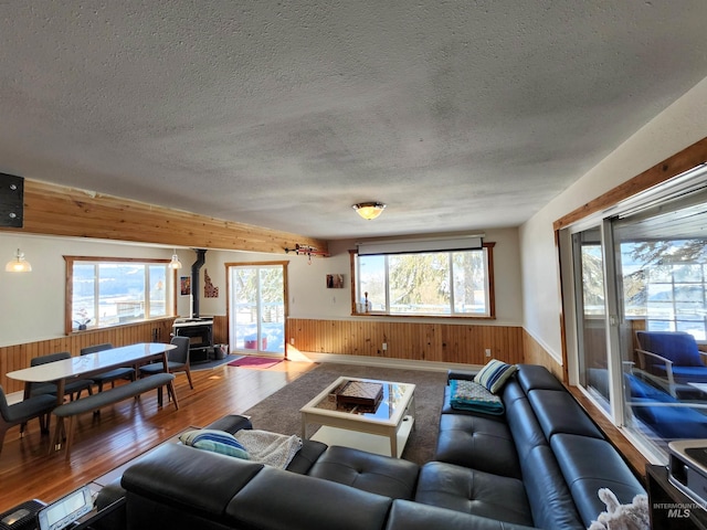 living area featuring a healthy amount of sunlight, a wainscoted wall, and wood walls