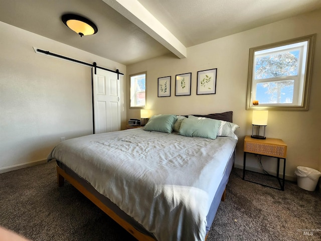 bedroom with a barn door, baseboards, dark colored carpet, and beam ceiling