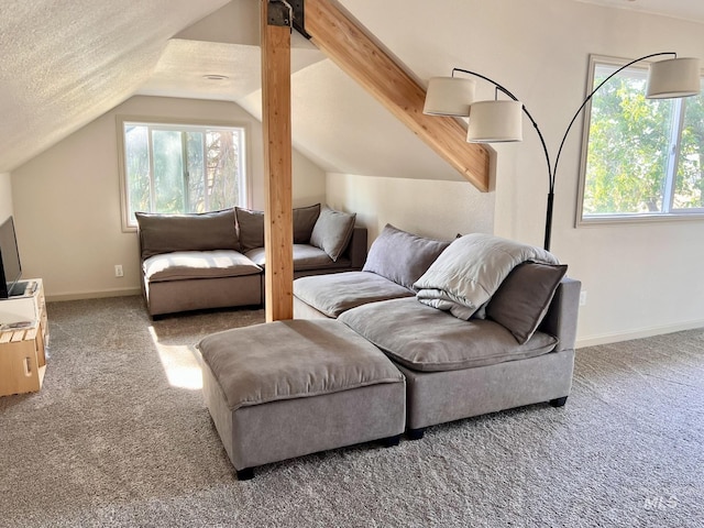 living area with carpet, baseboards, and a wealth of natural light