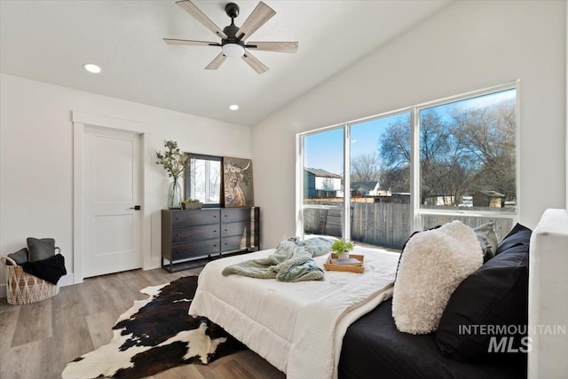 362-436 W London St, Middleton, ID 83644 - bedroom with access to exterior, lofted ceiling, recessed lighting, ceiling fan, and light wood-type flooring