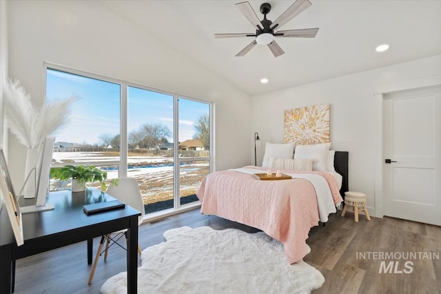 362-436 W London St, Middleton, ID 83644 - bedroom featuring dark wood-style floors, recessed lighting, visible vents, and vaulted ceiling