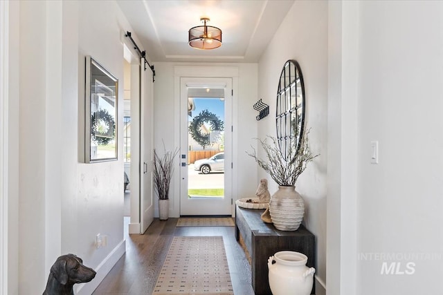 12013 W Zamalek Ct, Kuna, ID 83634 - entryway featuring a barn door, baseboards, and wood finished floors