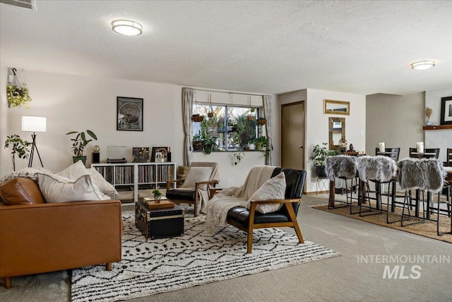 carpeted living room featuring a textured ceiling