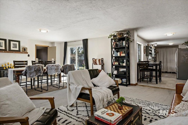 carpeted living room with a textured ceiling