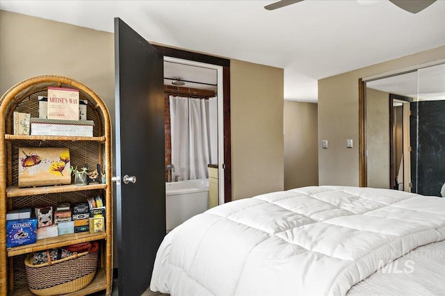 bedroom with a ceiling fan and a closet