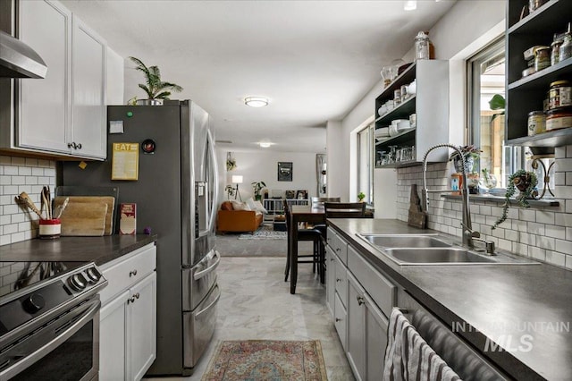 kitchen with open shelves, electric range, a sink, extractor fan, and dark countertops