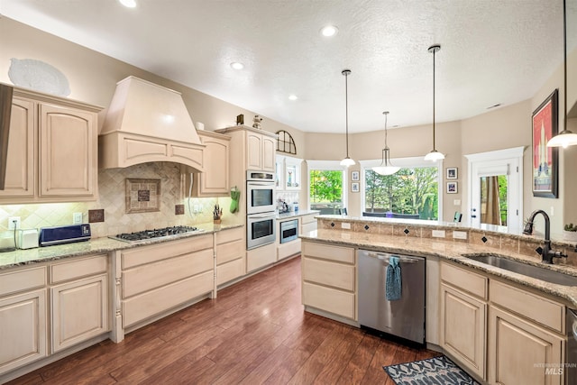4965 S Nickel Creek Ave, Meridian, ID 83642 - kitchen featuring a sink, premium range hood, pendant lighting, decorative backsplash, and appliances with stainless steel finishes