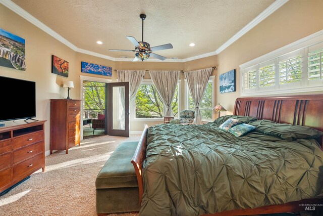 4965 S Nickel Creek Ave, Meridian, ID 83642 - bedroom featuring carpet, a textured ceiling, access to outside, and crown molding