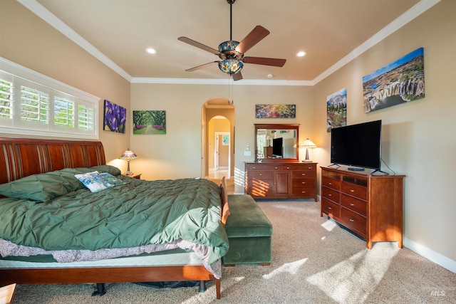 4965 S Nickel Creek Ave, Meridian, ID 83642 - bedroom featuring crown molding, baseboards, arched walkways, light colored carpet, and recessed lighting
