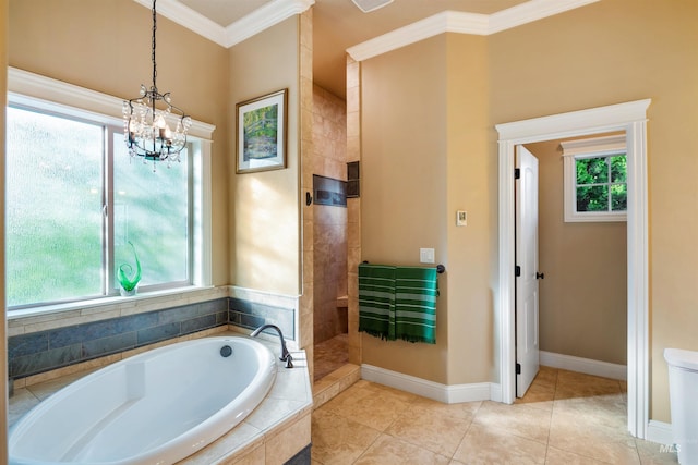 4965 S Nickel Creek Ave, Meridian, ID 83642 - full bath with a garden tub, an inviting chandelier, a walk in shower, crown molding, and baseboards