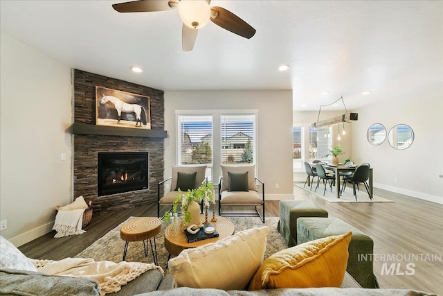 living area with a fireplace, wood finished floors, and baseboards