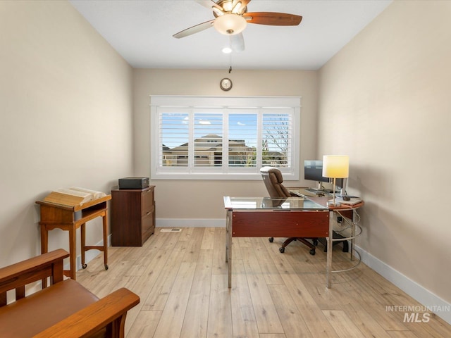 office with baseboards, light wood finished floors, and ceiling fan