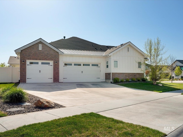 view of front facade featuring concrete driveway, board and batten siding, an attached garage, and brick siding