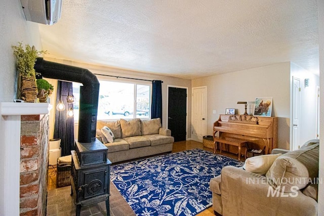 1627 Verdant Ct, Emmett, ID 83617 - living area with a wood stove and a textured ceiling