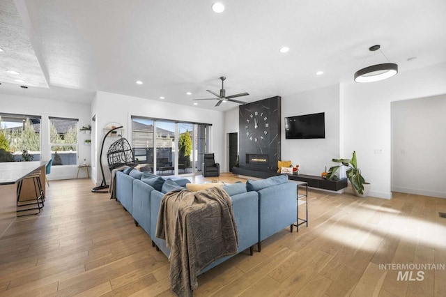 living room with ceiling fan and light hardwood / wood-style flooring