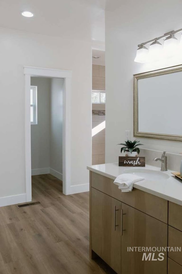 bathroom featuring hardwood / wood-style floors, vanity, and a wealth of natural light