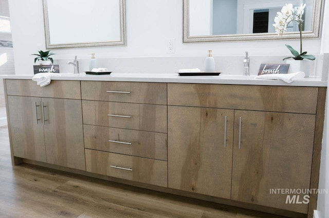 bathroom with vanity and hardwood / wood-style flooring