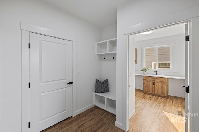 mudroom with light hardwood / wood-style floors and sink