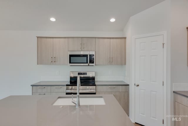 kitchen with light brown cabinetry and appliances with stainless steel finishes