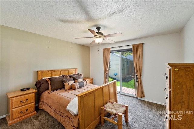 3804 Stonehedge Way, Caldwell, ID 83605 - bedroom with dark colored carpet, access to exterior, a textured ceiling, and ceiling fan