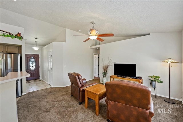 3804 Stonehedge Way, Caldwell, ID 83605 - living area featuring light carpet, lofted ceiling, a ceiling fan, and a textured ceiling