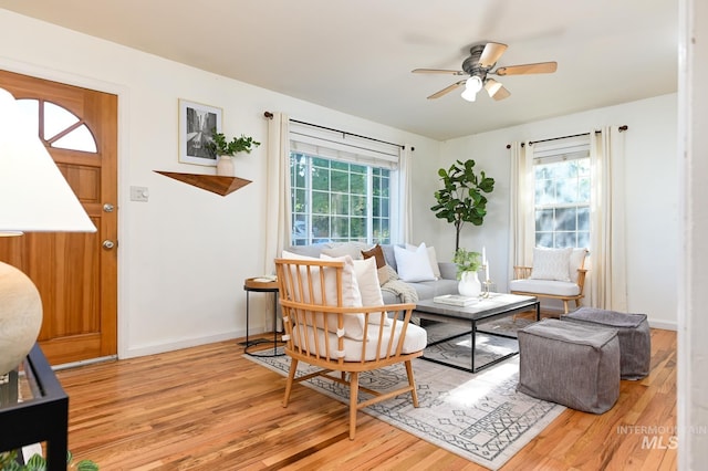 living room with ceiling fan and light hardwood / wood-style floors