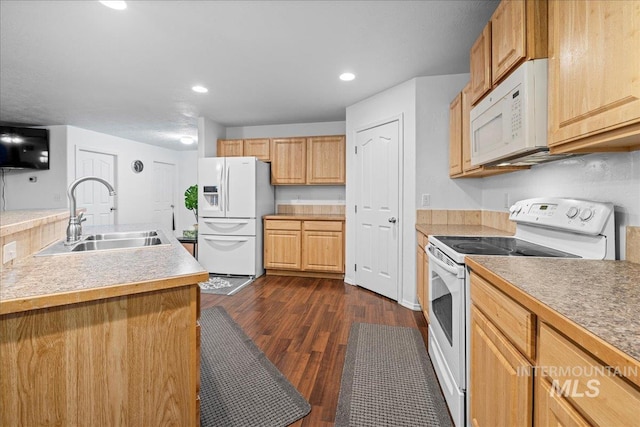 kitchen featuring sink, white appliances, and dark wood-type flooring