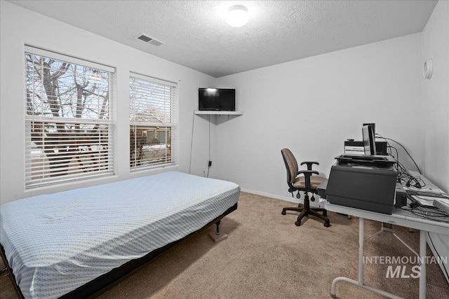 bedroom featuring carpet flooring and a textured ceiling