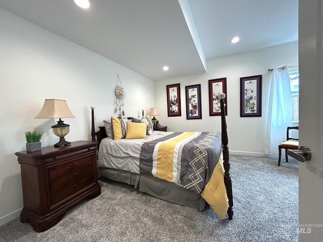 carpeted bedroom with recessed lighting and baseboards