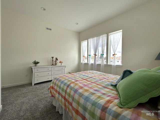 bedroom featuring visible vents, recessed lighting, baseboards, and carpet floors