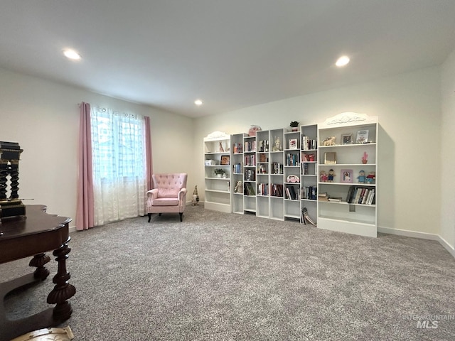 sitting room with recessed lighting, carpet, and baseboards