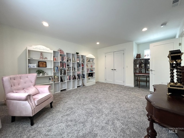 sitting room with recessed lighting, visible vents, carpet floors, and baseboards