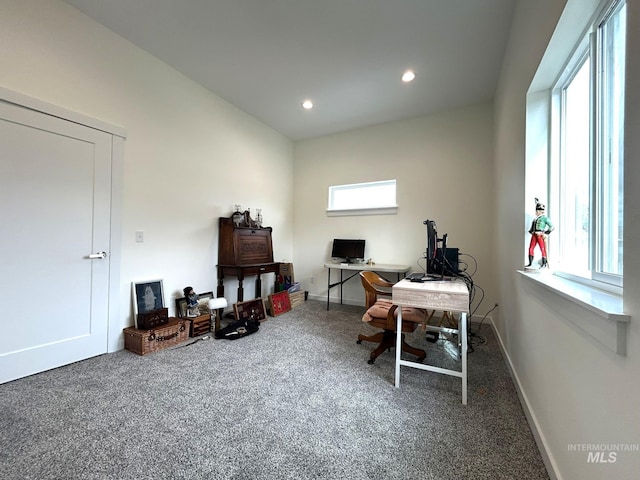 office space featuring carpet flooring, recessed lighting, and baseboards