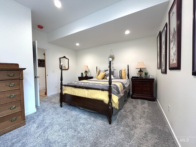 bedroom with recessed lighting, baseboards, and carpet flooring