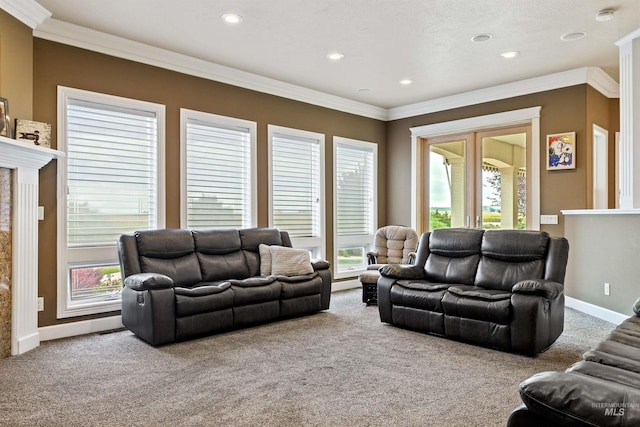 carpeted living room featuring a textured ceiling and crown molding