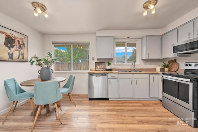 10834 W Linstock Ct, Boise, ID 83713 - kitchen featuring stainless steel appliances, a sink, light wood-style flooring, baseboards, and gray cabinetry