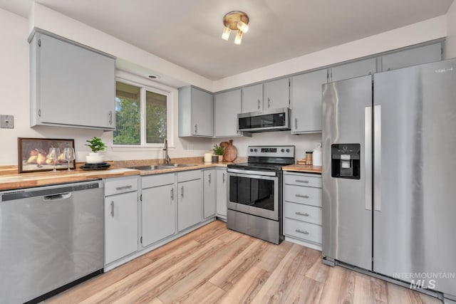 10834 W Linstock Ct, Boise, ID 83713 - kitchen featuring appliances with stainless steel finishes, a sink, light wood-style floors, and gray cabinets