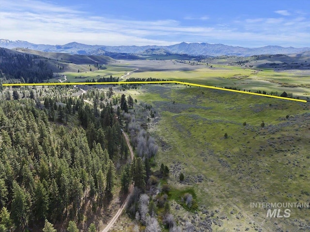 drone / aerial view featuring a rural view and a mountain view