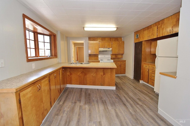 kitchen with light wood-style flooring, under cabinet range hood, a peninsula, white appliances, and a sink