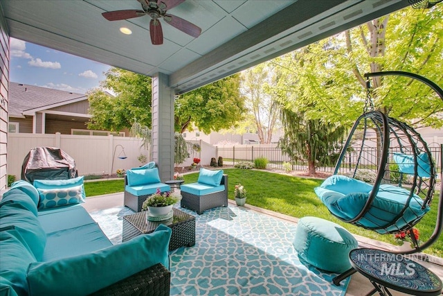 5726 N Morpheus Way, Meridian, ID 83642 - view of patio with a ceiling fan and an outdoor hangout area