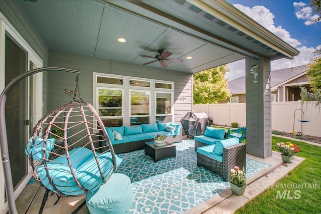 5726 N Morpheus Way, Meridian, ID 83642 - view of patio / terrace featuring fence, ceiling fan, area for grilling, and outdoor lounge area