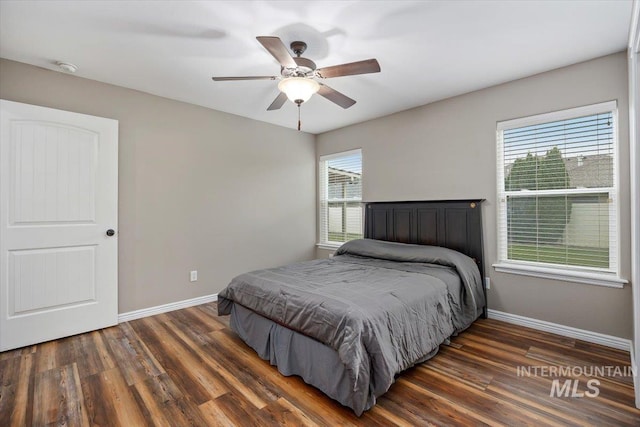 bedroom with multiple windows, dark hardwood / wood-style floors, and ceiling fan